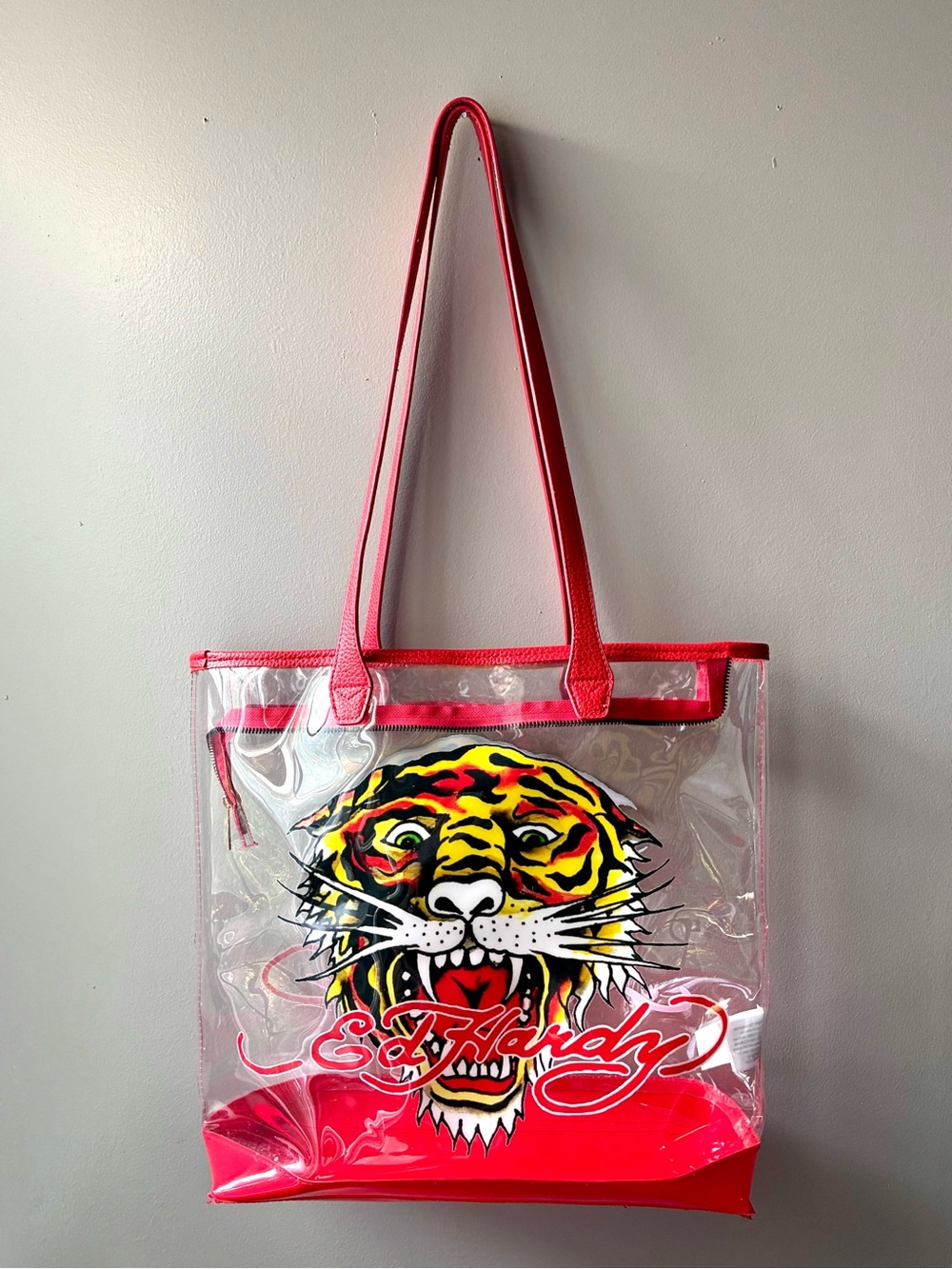 Ed Hardy Clear Tote with Red Trim and Tiger Graphic